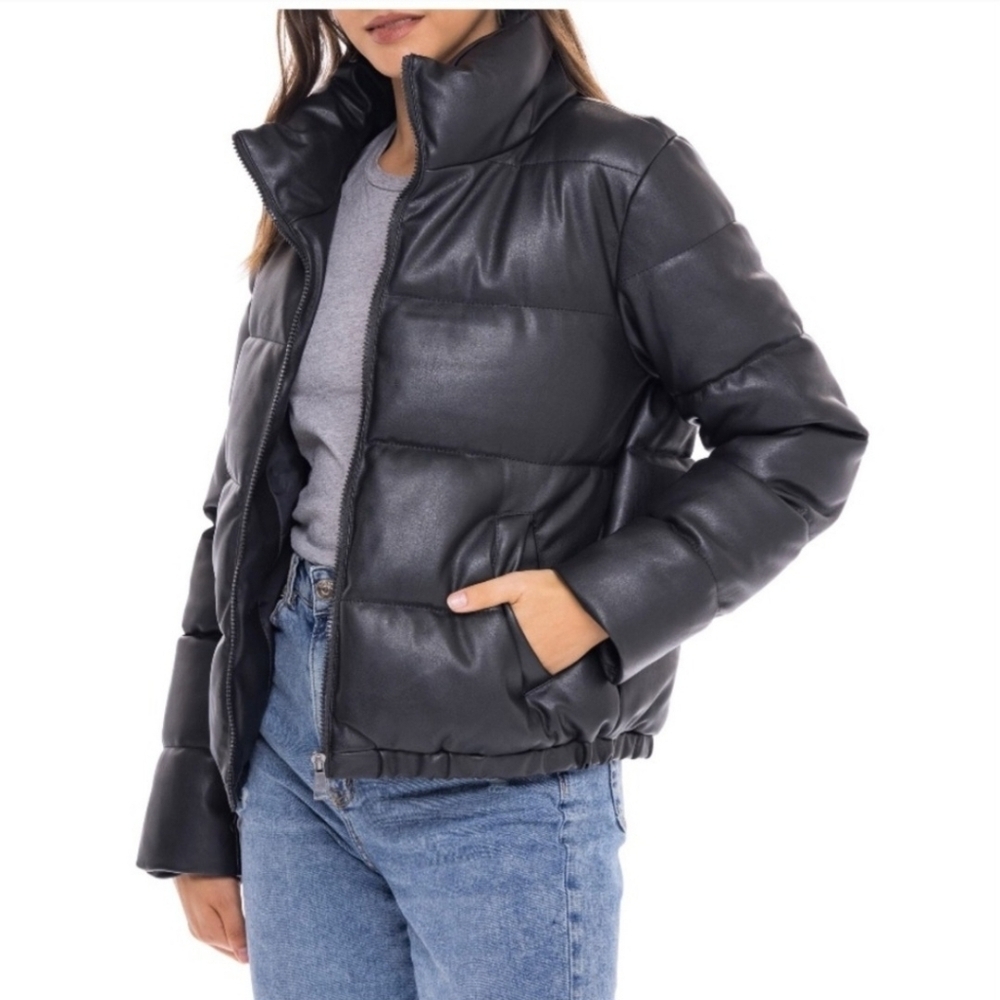 Women's Faux Leather Puffer Jacket Black Puffy Coat - S.E.B. By SEBBY Size 3X - Picture 15 of 16